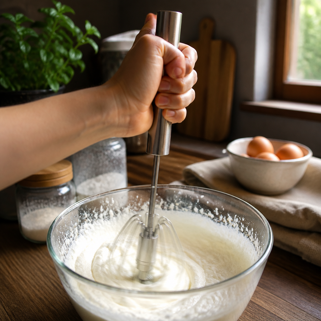 SpinWhisk press-and-spin whisk producing stiff peaks in a glass bowl